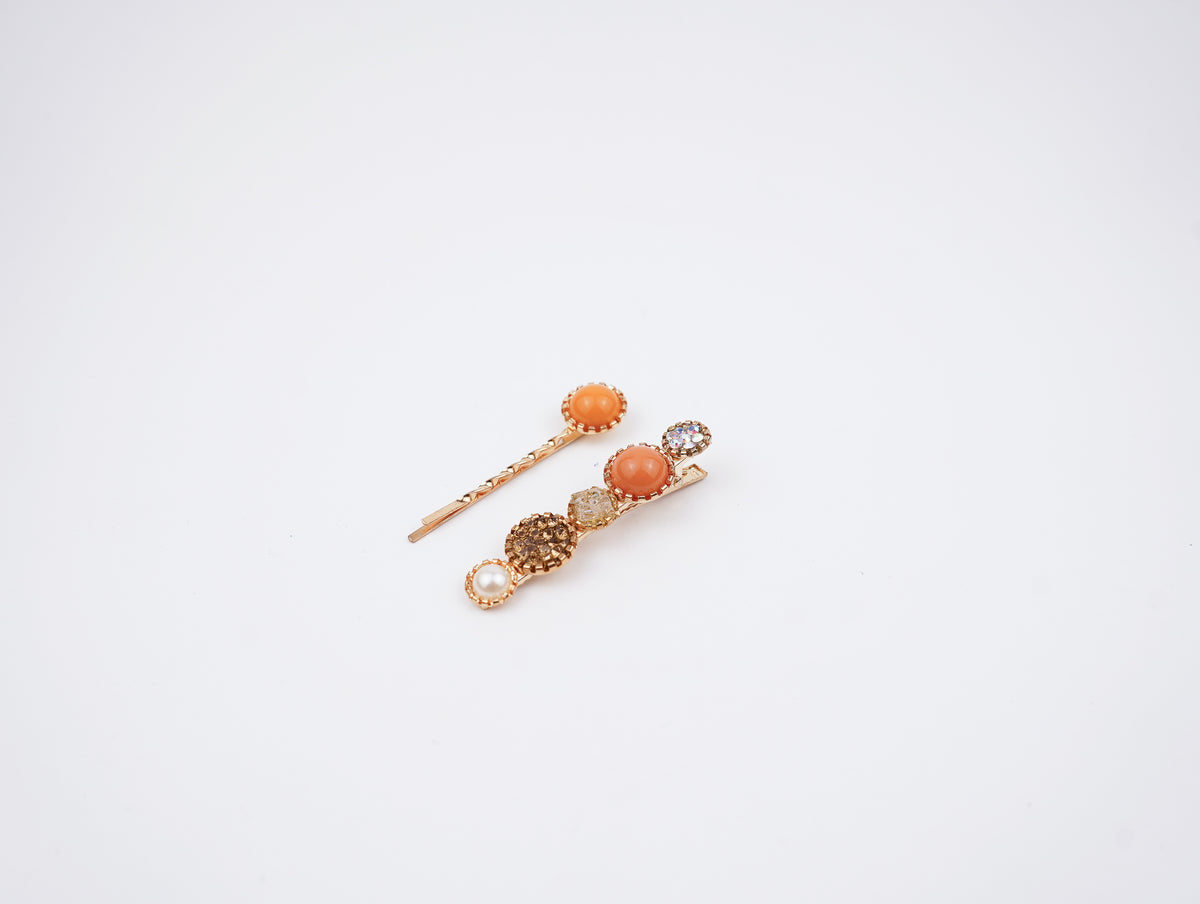 orange flower crystal and pearl style tiny hairclips