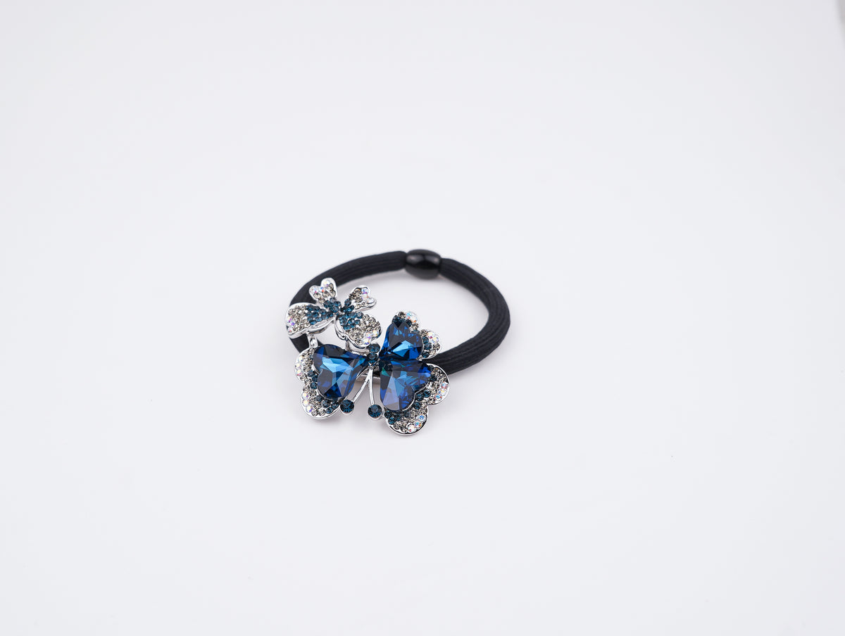 modern blue crystal and white gemstone butterfly hair tie