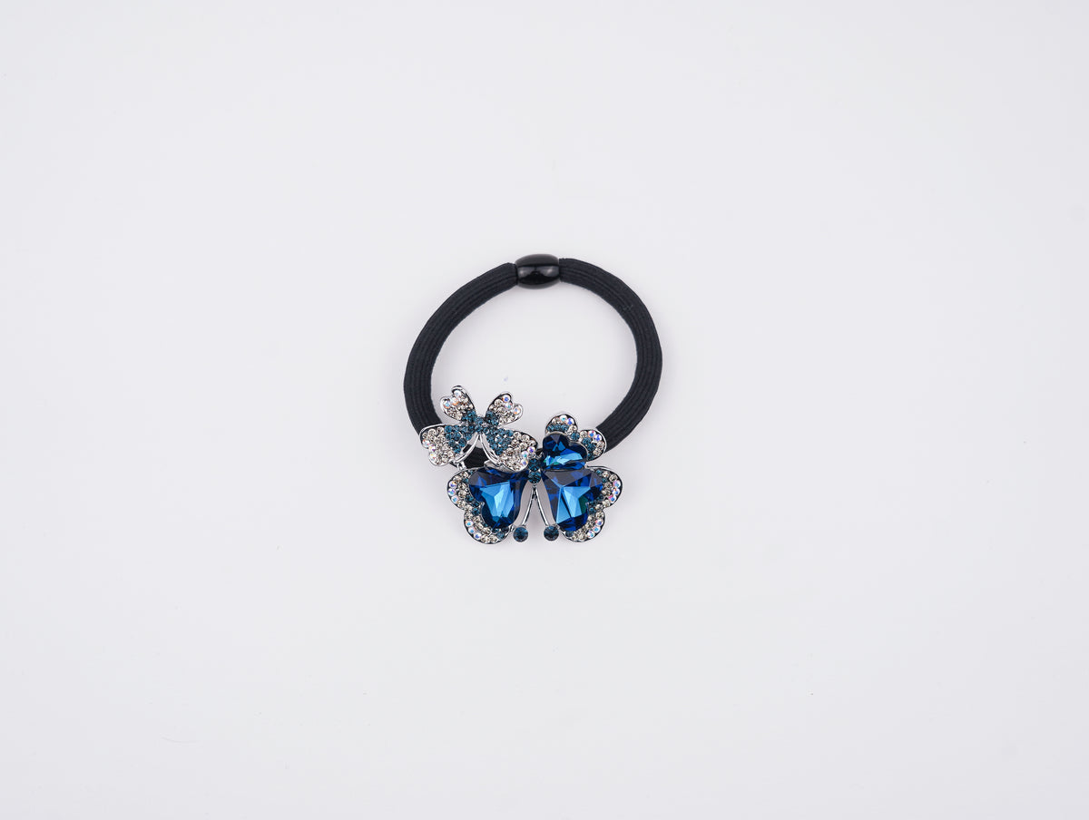 modern blue crystal and white gemstone butterfly hair tie