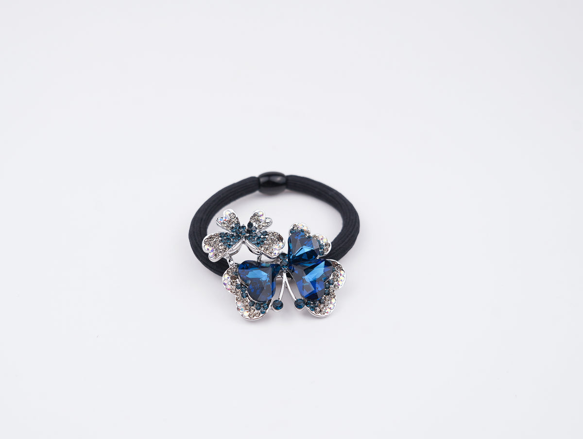 modern blue crystal and white gemstone butterfly hair tie