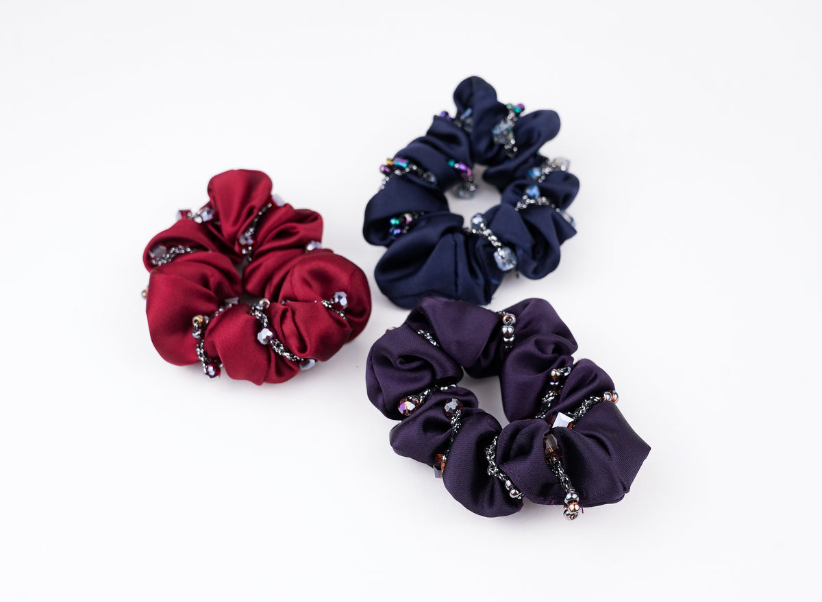 Vaillante crystal jews with classic hair tie , rose red , purple and dark navy blue